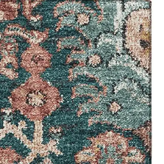 Salmon Teal And Peach Damask Washable Area Rug With UV Protection Photo 3