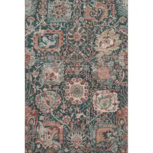 Photo of Salmon Teal And Peach Damask Washable Area Rug With UV Protection