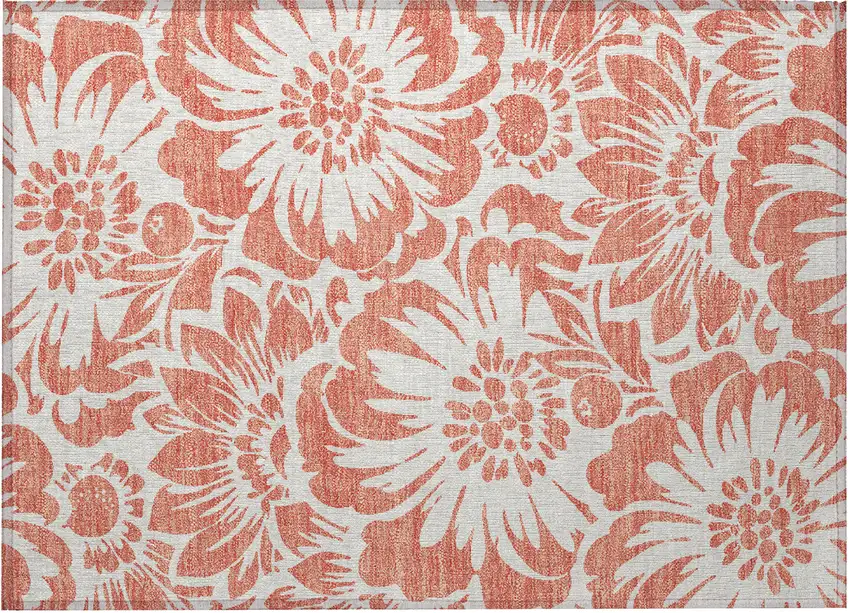 Salmon and Ivory Floral Washable Non Skid Indoor Outdoor Area Rug Photo 4