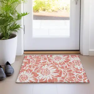 Photo of Salmon and Ivory Floral Washable Non Skid Indoor Outdoor Area Rug