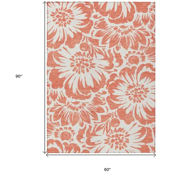 Salmon and Ivory Floral Washable Non Skid Indoor Outdoor Area Rug Photo 3