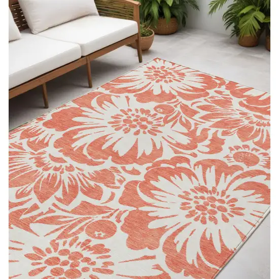 Salmon and Ivory Floral Washable Non Skid Indoor Outdoor Area Rug Photo 1