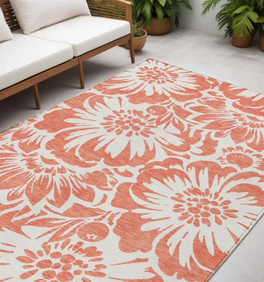 Salmon and Ivory Floral Washable Non Skid Indoor Outdoor Area Rug Photo 1