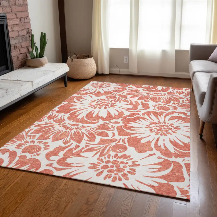 Salmon and Ivory Floral Washable Non Skid Indoor Outdoor Area Rug Photo 8