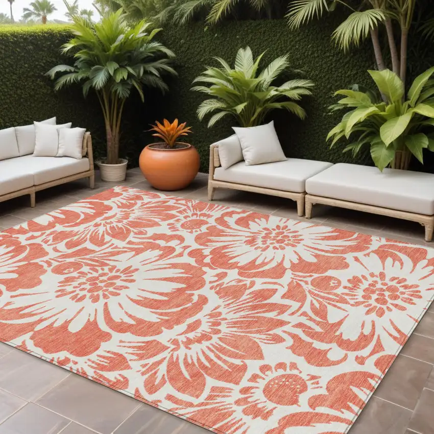 Salmon and Ivory Floral Washable Non Skid Indoor Outdoor Area Rug Photo 1