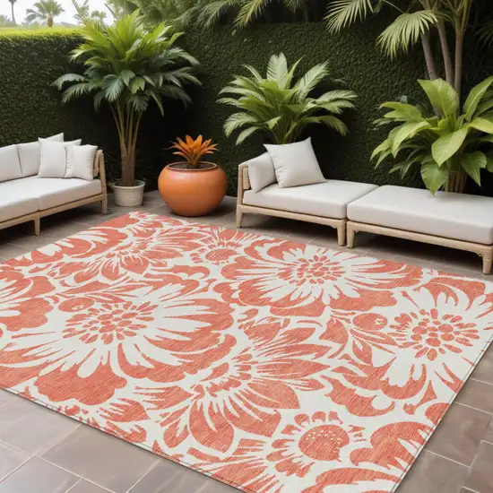 Salmon and Ivory Floral Washable Non Skid Indoor Outdoor Area Rug Photo 1