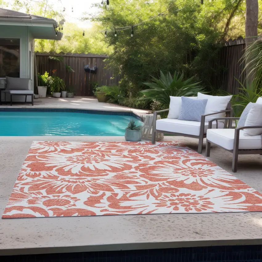 Salmon and Ivory Floral Washable Non Skid Indoor Outdoor Area Rug Photo 9