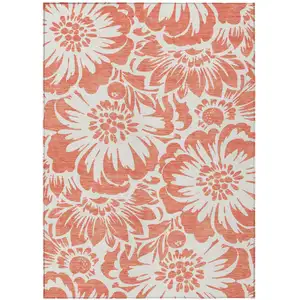 Photo of Salmon and Ivory Floral Washable Non Skid Indoor Outdoor Area Rug