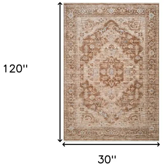 Sand And Brown Floral Medallion Runner Rug With Fringe Photo 3