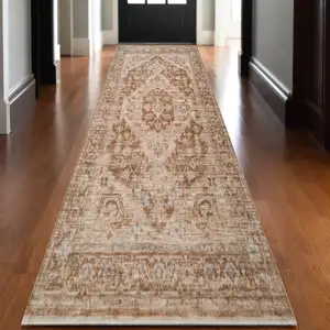 Photo of Sand And Brown Floral Medallion Runner Rug With Fringe