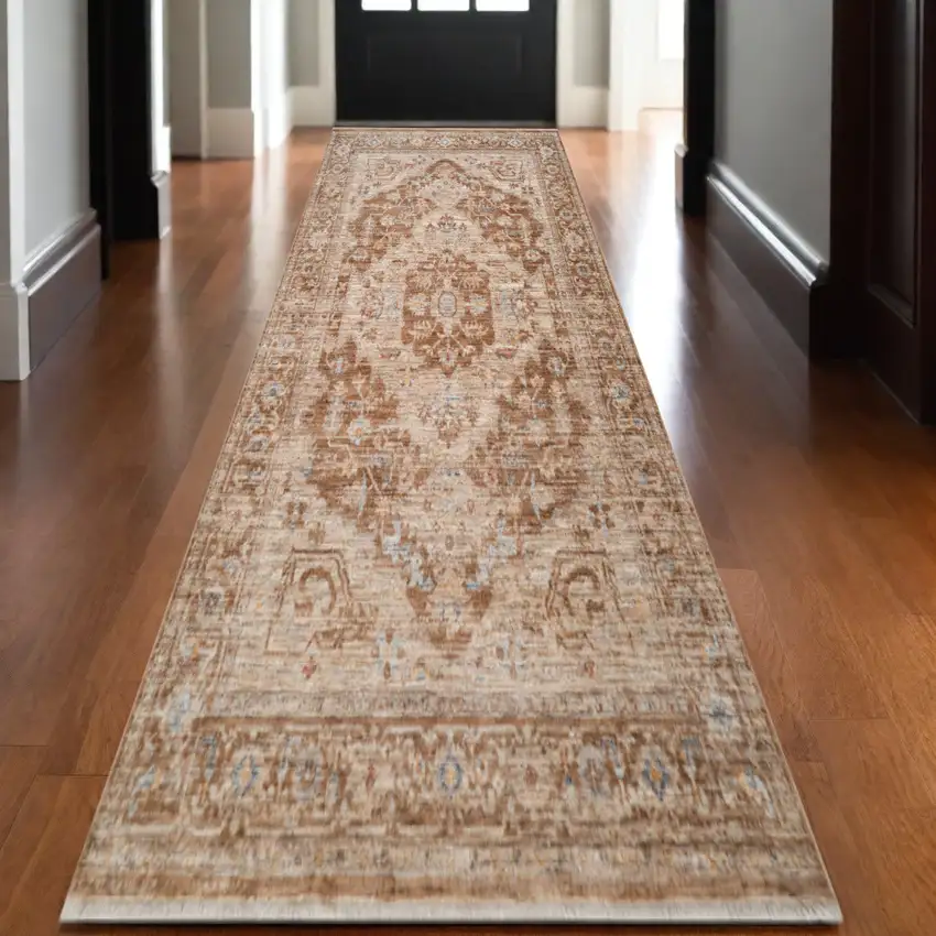Sand And Brown Floral Medallion Runner Rug With Fringe Photo 1