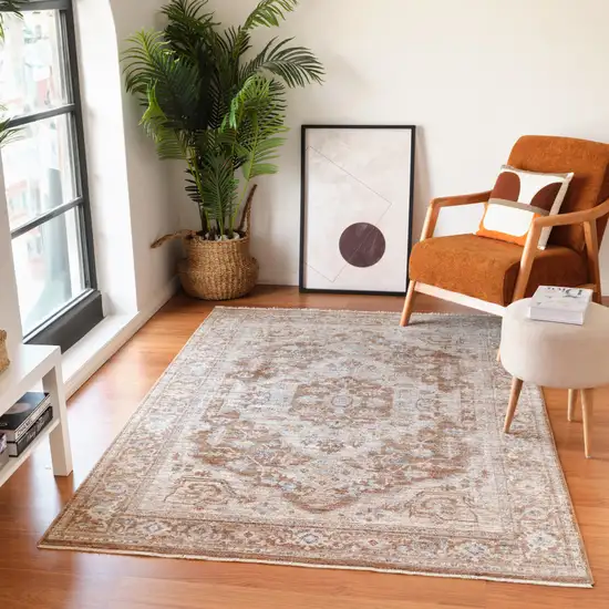 Sand And Brown Floral Medallion Runner Rug With Fringe Photo 9