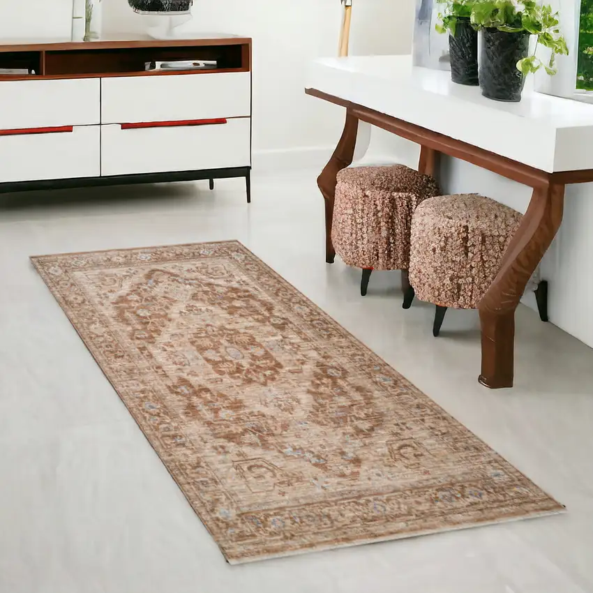 Sand And Brown Floral Medallion Runner Rug With Fringe Photo 1