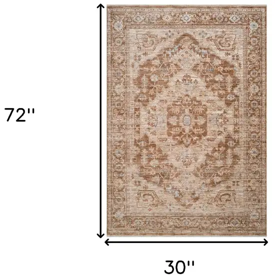 Sand And Brown Floral Medallion Runner Rug With Fringe Photo 3