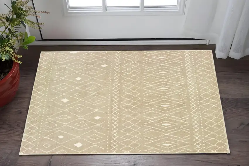 Sand And Ivory Geometric Power Loom Stain Resistant Area Rug Photo 1