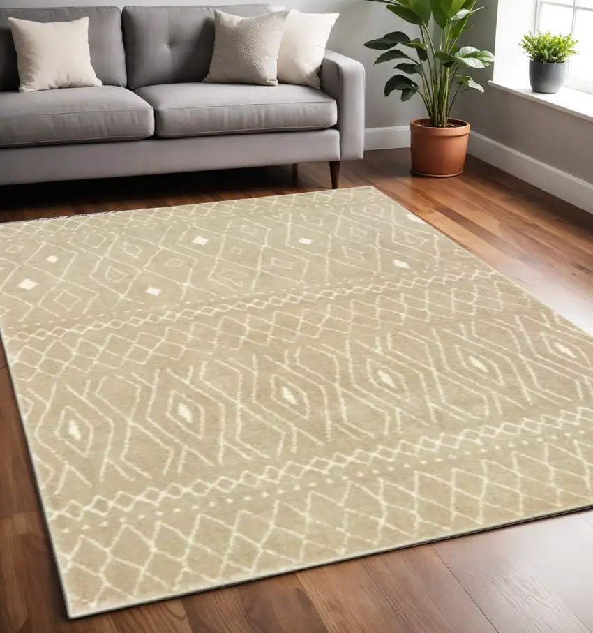 Sand And Ivory Geometric Power Loom Stain Resistant Area Rug Photo 1