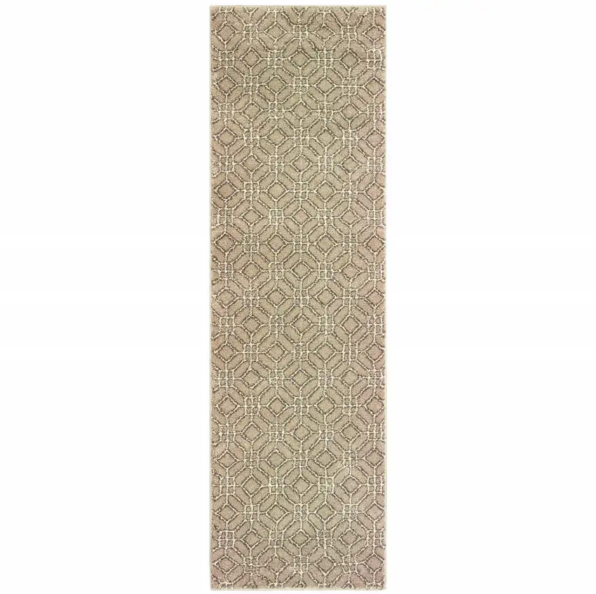 Sand And Ivory Geometric Power Loom Stain Resistant Runner Rug Photo 1