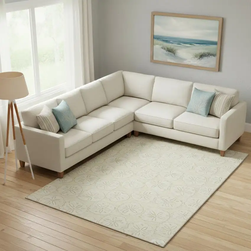 Sand And Ivory Geometric Washable Area Rug With UV Protection Photo 1