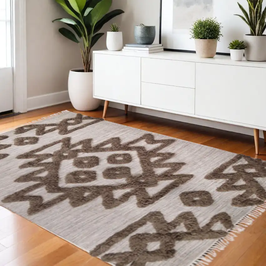 Sand And Brown Wool Geometric Shag Flatweave Handmade Area Rug With Fringe Photo 1