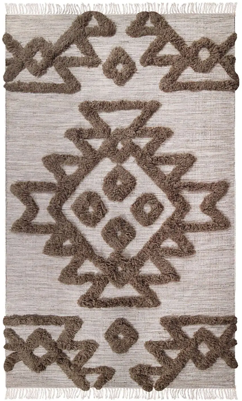 Sand And Taupe Wool Geometric Flatweave Handmade Stain Resistant Area Rug With Fringe Photo 1