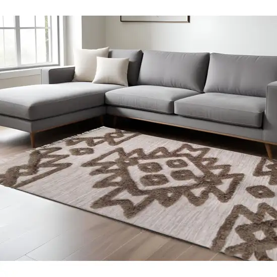 Sand And Brown Wool Geometric Shag Area Rug With Fringe Photo 1