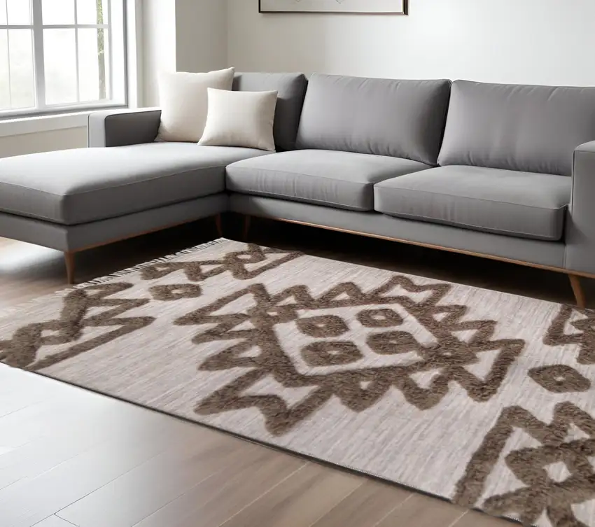 Sand And Brown Wool Geometric Shag Area Rug With Fringe Photo 1