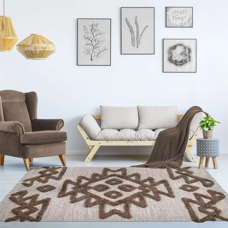 Sand And Taupe Wool Geometric Power Loom Stain Resistant Area Rug With Fringe Photo 4