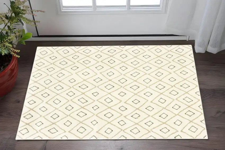 Sand Ash Grey And Ivory Geometric Power Loom Stain Resistant Area Rug Photo 1