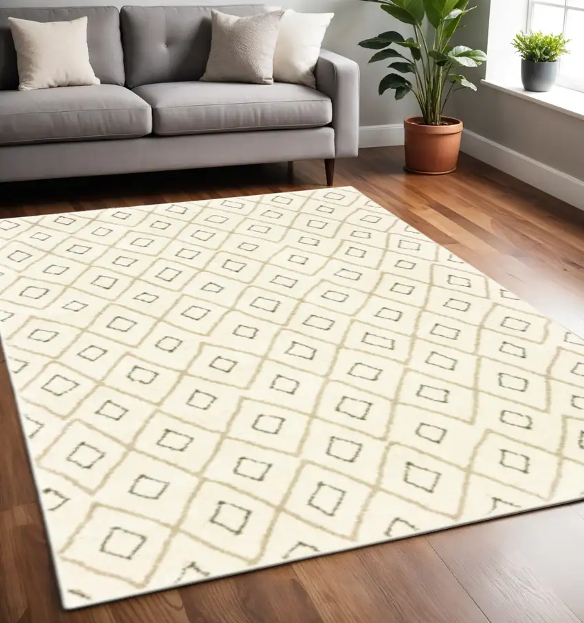 Sand Ash Grey And Ivory Geometric Power Loom Stain Resistant Area Rug Photo 1