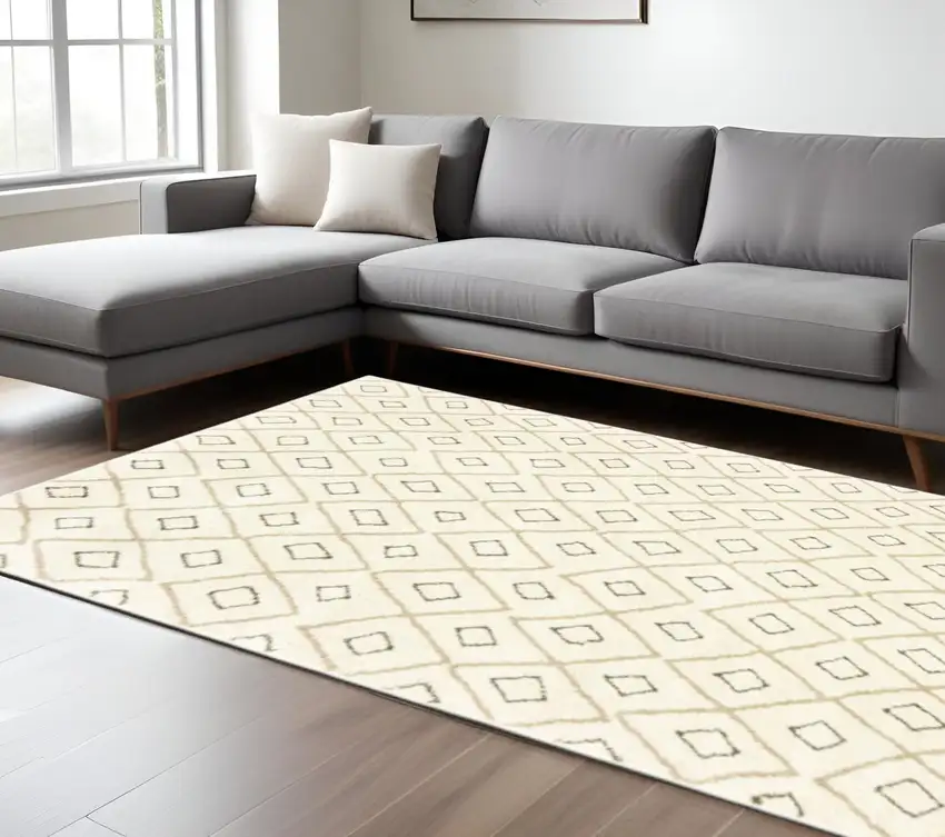 Gray And Ivory Geometric Shag Area Rug Photo 2