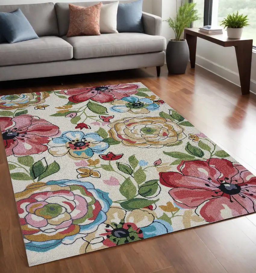 Sand Beige Hand Hooked Oversized Floral Indoor Area Rug Photo 1