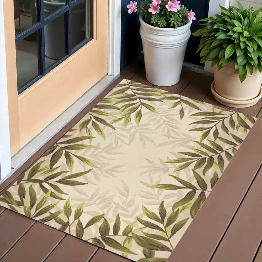 Beige Floral Handmade Indoor Outdoor Area Rug Photo 1