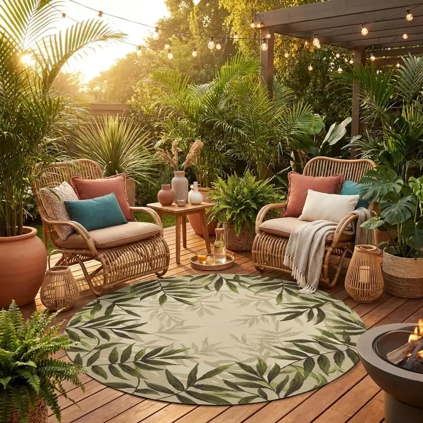 8' Sand Round Floral Indoor Outdoor Area Rug Photo 1