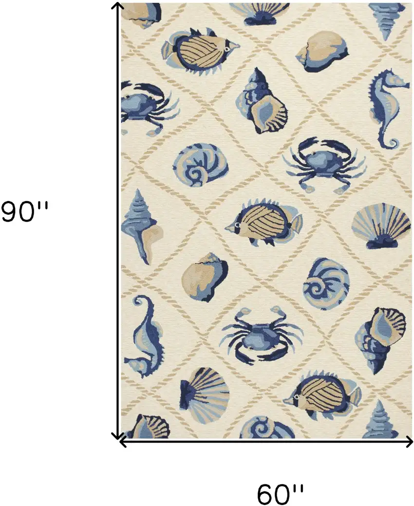5'X8' Sand Beige Hand Hooked Uv Treated Coastal Sea Life Indoor Outdoor Area Rug Photo 3