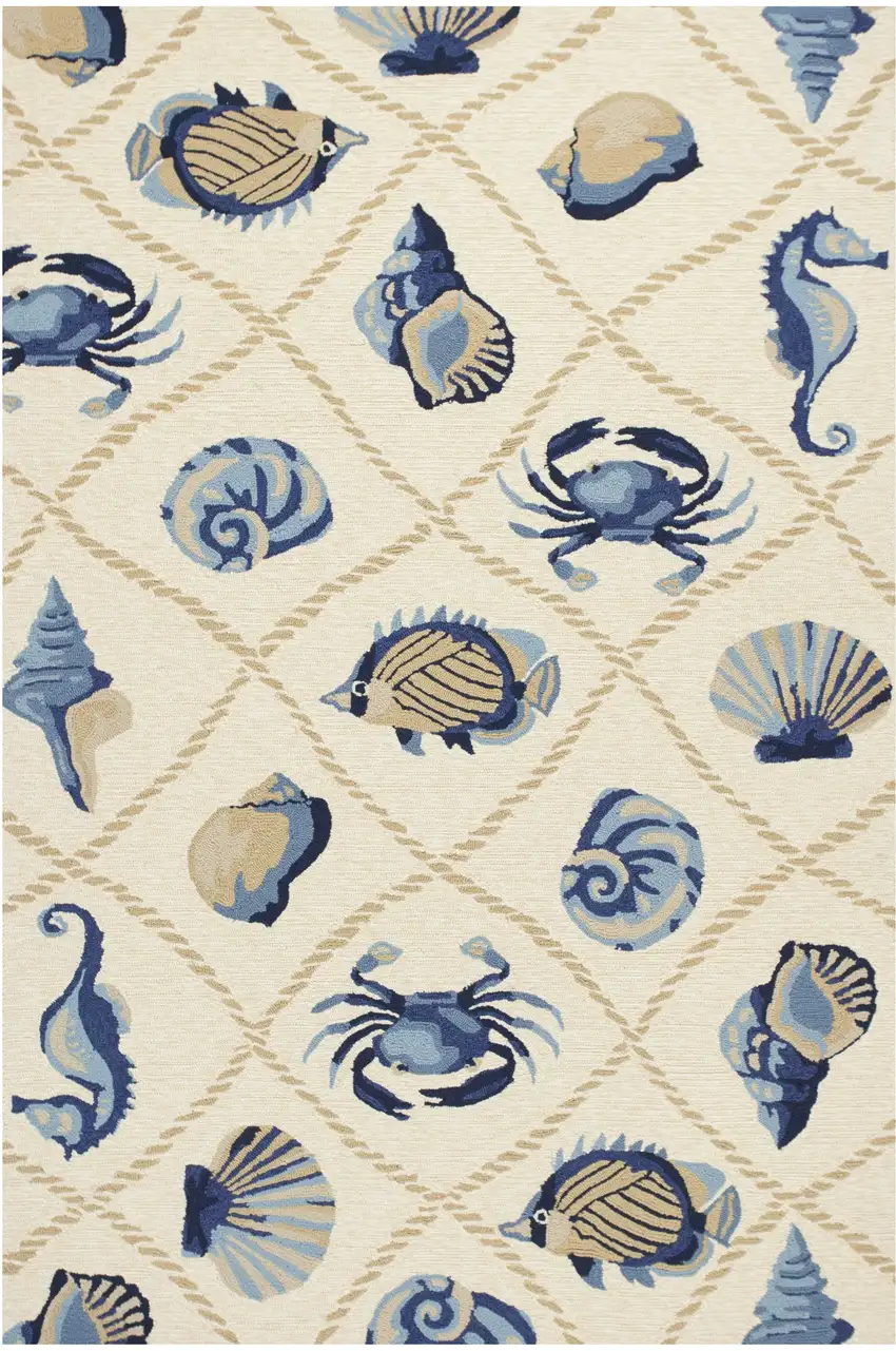 5'X8' Sand Beige Hand Hooked Uv Treated Coastal Sea Life Indoor Outdoor Area Rug Photo 2