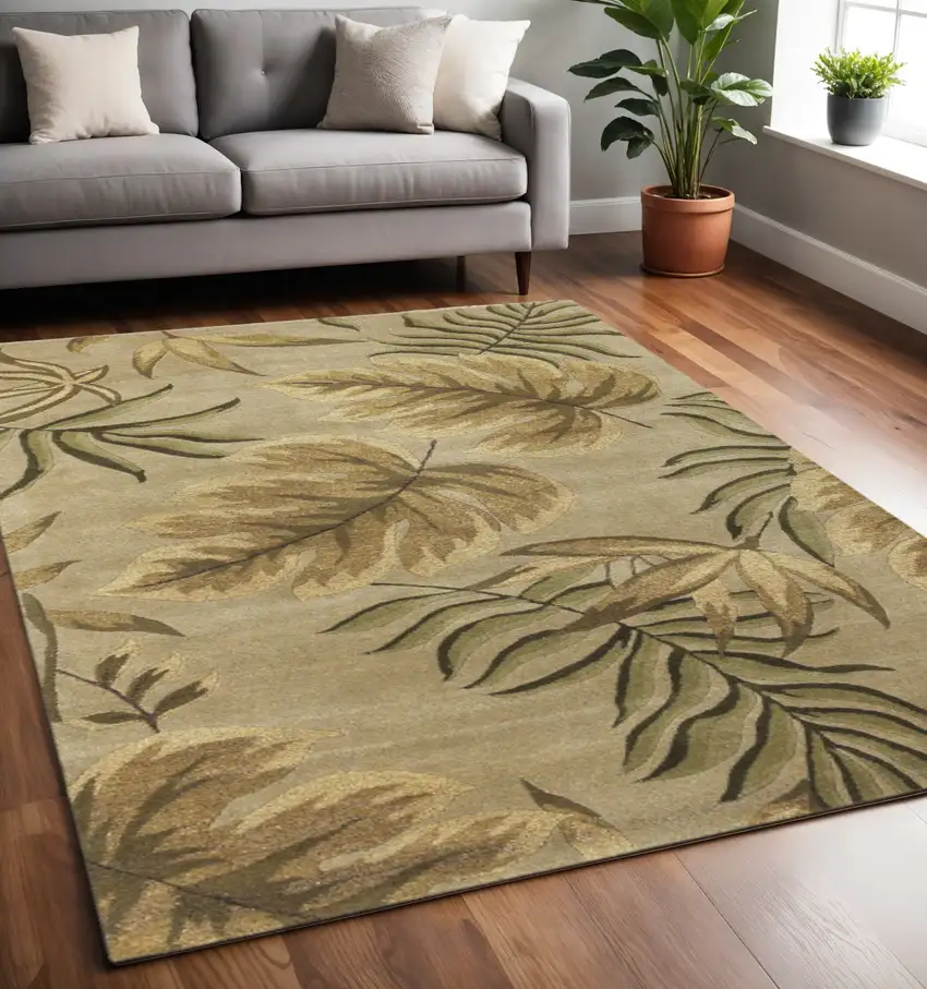 Sand And Beige Wool Botanical Leaves Hand Tufted Area Rug Photo 1