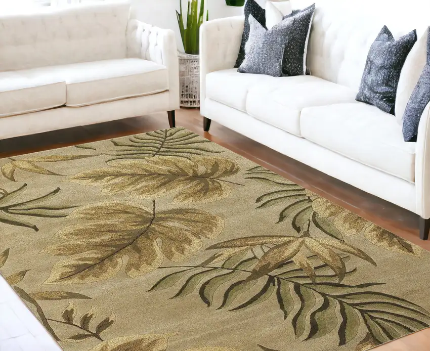 Sand Beige Hand Tufted Tropical Leaves Indoor Area Rug Photo 1