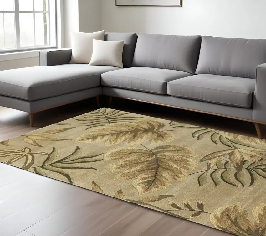Sand And Beige Wool Botanical Leaves Hand Tufted Area Rug Photo 2