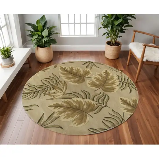 8' Sand And Beige Wool Botanical Leaves Hand Tufted Round Rug Photo 1