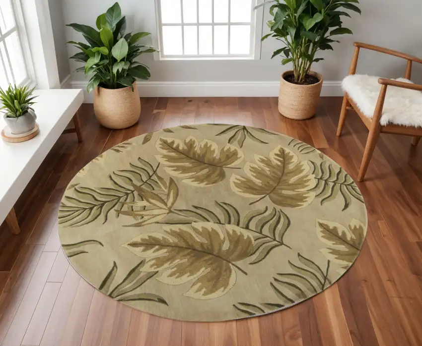 8' Sand And Beige Wool Botanical Leaves Hand Tufted Round Rug Photo 1