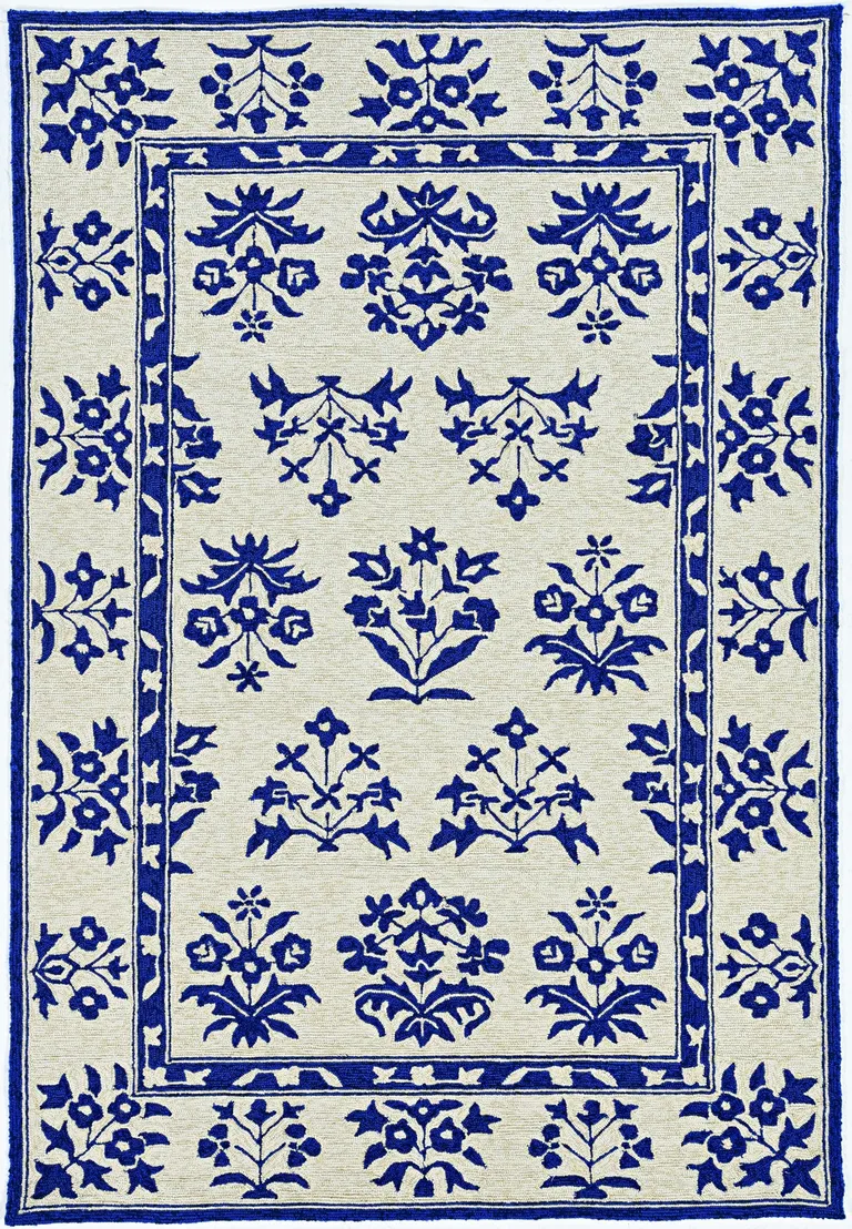 Sand Blue Hand Hooked UV Treated Floral Traditional Indoor Outdoor Accent Rug Photo 2