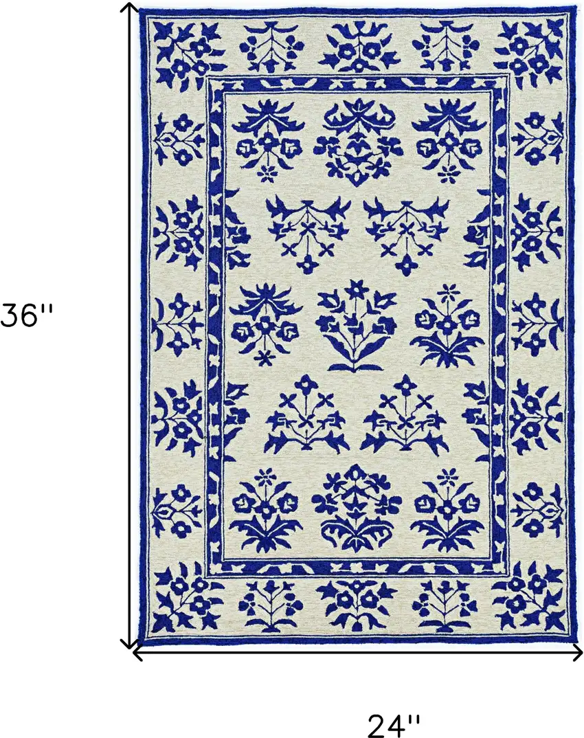 2'X3' Sand Blue Hand Hooked Uv Treated Floral Traditional Indoor Outdoor Accent Rug Photo 6