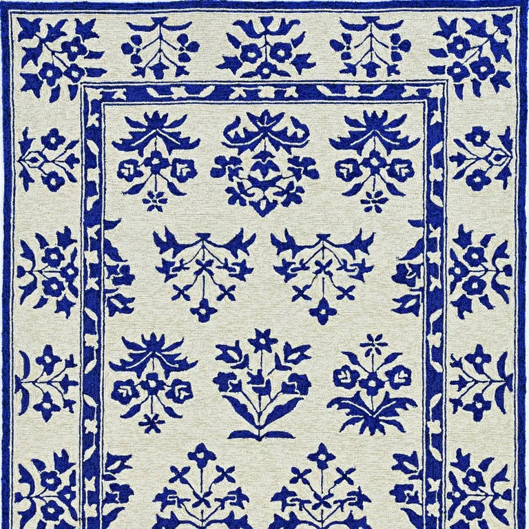 Sand Blue Hand Hooked UV Treated Traditional Floral Design Indoor Outdoor Rug Photo 3