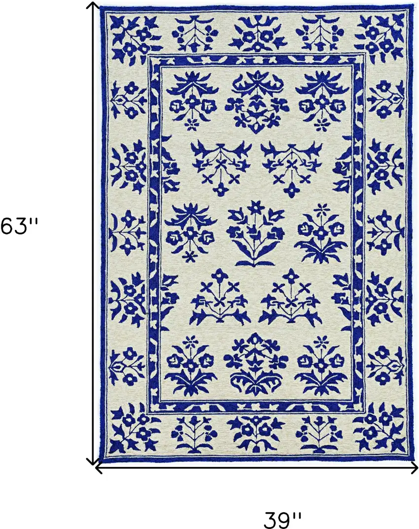 Sand Blue Hand Hooked UV Treated Traditional Floral Design Indoor Outdoor Rug Photo 8