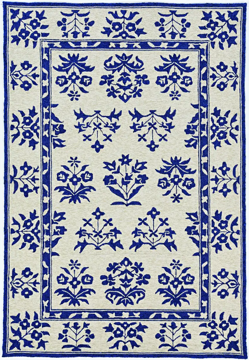Sand Blue Hand Hooked UV Treated Traditional Floral Design Indoor Outdoor Rug Photo 7