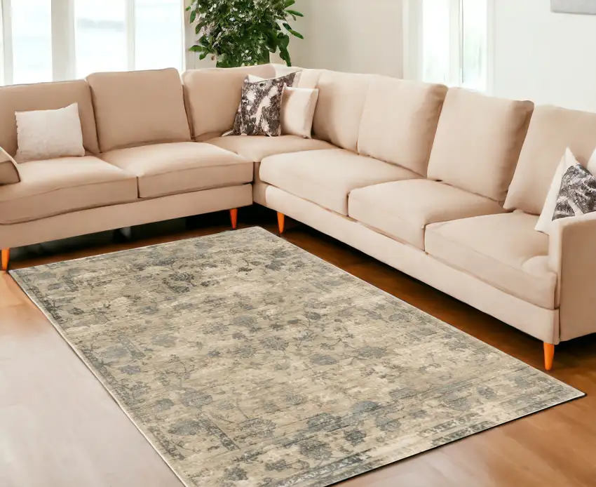 8'X10' Sand Blue Hand Loomed Traditional Floral Indoor Area Rug Photo 1