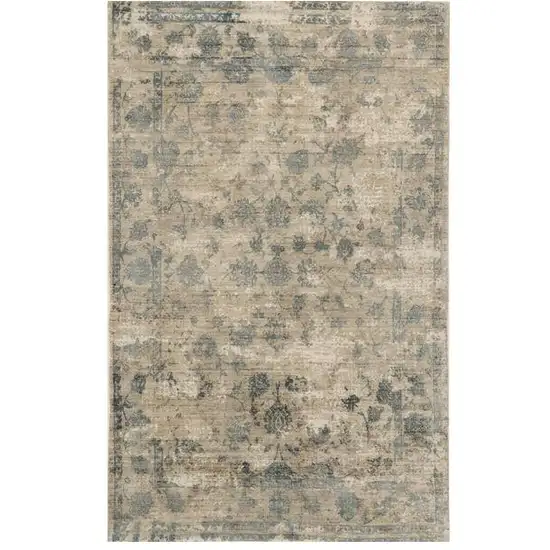 Beige And Blue Floral Medallion Hand Loomed Distressed Area Rug Photo 2