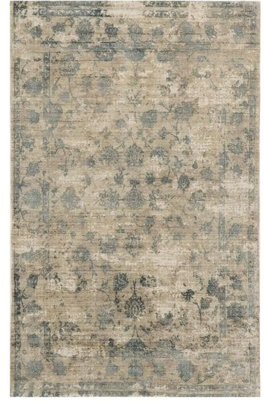 Beige And Blue Floral Medallion Hand Loomed Distressed Area Rug Photo 2