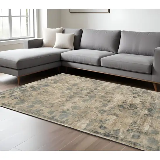 Beige And Blue Floral Medallion Hand Loomed Distressed Area Rug Photo 1