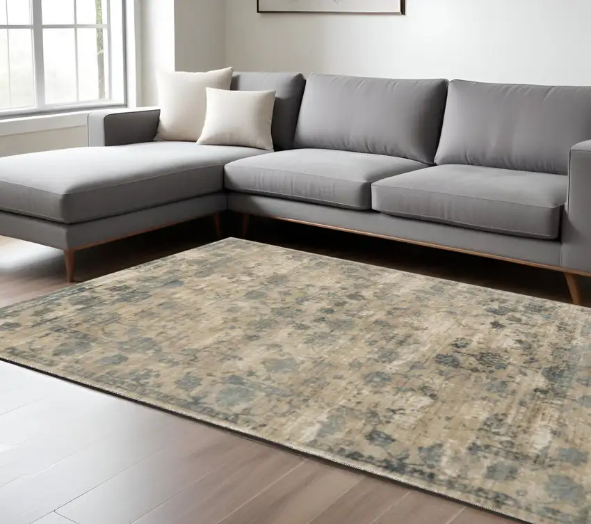 Beige And Blue Floral Medallion Hand Loomed Distressed Area Rug Photo 1